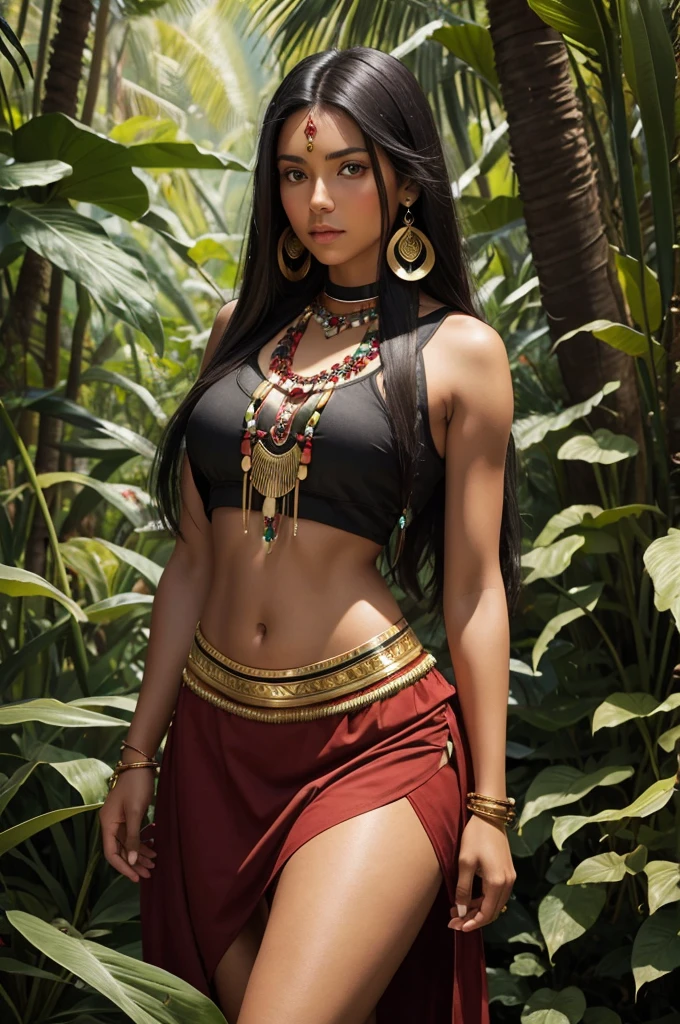 Beautiful native American girl, brown skin, long black hair, green eyes, hourglass figure, wearing red native south American clothing (crop top and skirt) and gold jewellery in a south American jungle by the coast