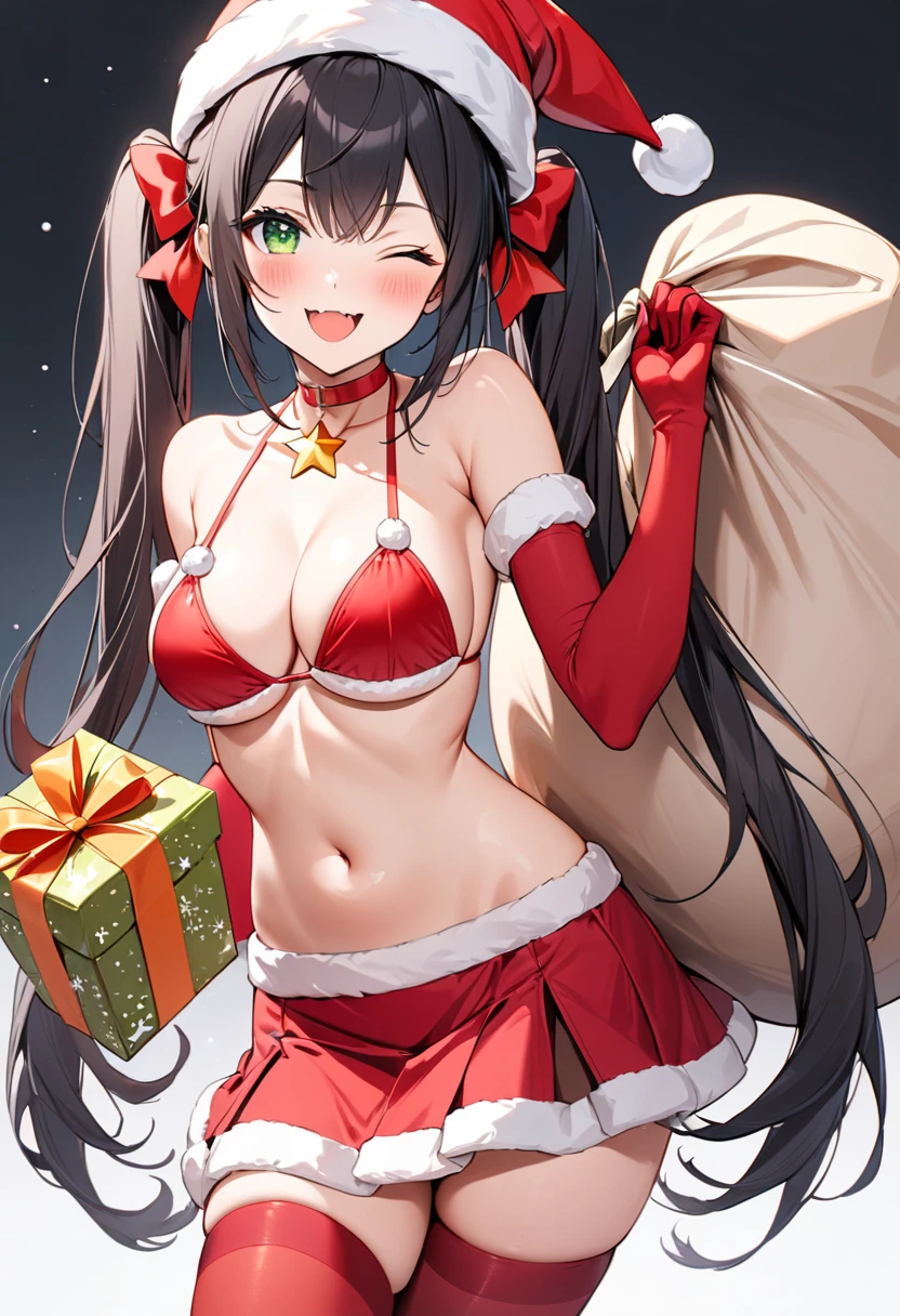 fang, 1girl, one eye closed, green eyes, black hair, breasts, twintails, long hair, open mouth, ;d, navel, medium breasts, ass, bare shoulders, blush, very long hair, hat, santa hat, gloves, skirt, bikini, swimsuit, fur trim, thighhighs, bikini top only, star (symbol), hair ornament, elbow gloves, santa costume, miniskirt, choker, hair bow, looking at viewer, standing, bow, solo, holding, white background, simple background, cowboy shot, gift, smile, red gloves, sack, red skirt, red bikini, gift box, star hair ornament, santa bikini, red headwear, box, holding sack, holding gift, fur-trimmed gloves, fur-trimmed skirt, red choker, red thighhighs, sfw, masterpiece, best quality, very aesthetic, absurdres