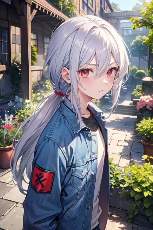  one boy with w、 Silver Hair、low ponytail hair、Red eyes、Slanted Eyes、Tsundere、 denim jacket、garden、 anime style、 greatest masterpiece。