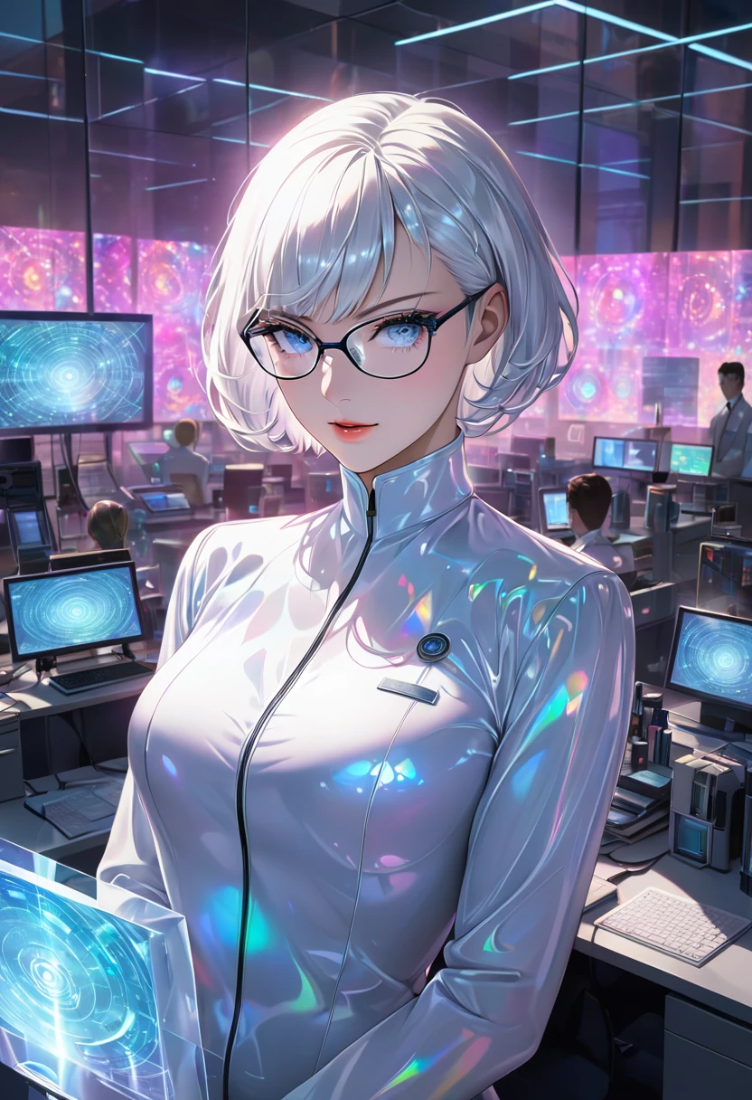 large number of computer monitors appear as holograms, huge amount of top-secret information is displayed on them, and female spy gathers information wearing tight fit semi-transparent uniform, intelligent beauty, glasses, white short hair, amorous and lewd expression, captivating sharp eyes, superlative body proportion, background iridescent sparkling analyser lab room reflecting the light, bold and dynamic, contrasts of light and shadow, 2.5D, artistic images art, ultra detailed, absolutely resolution, masterpiece