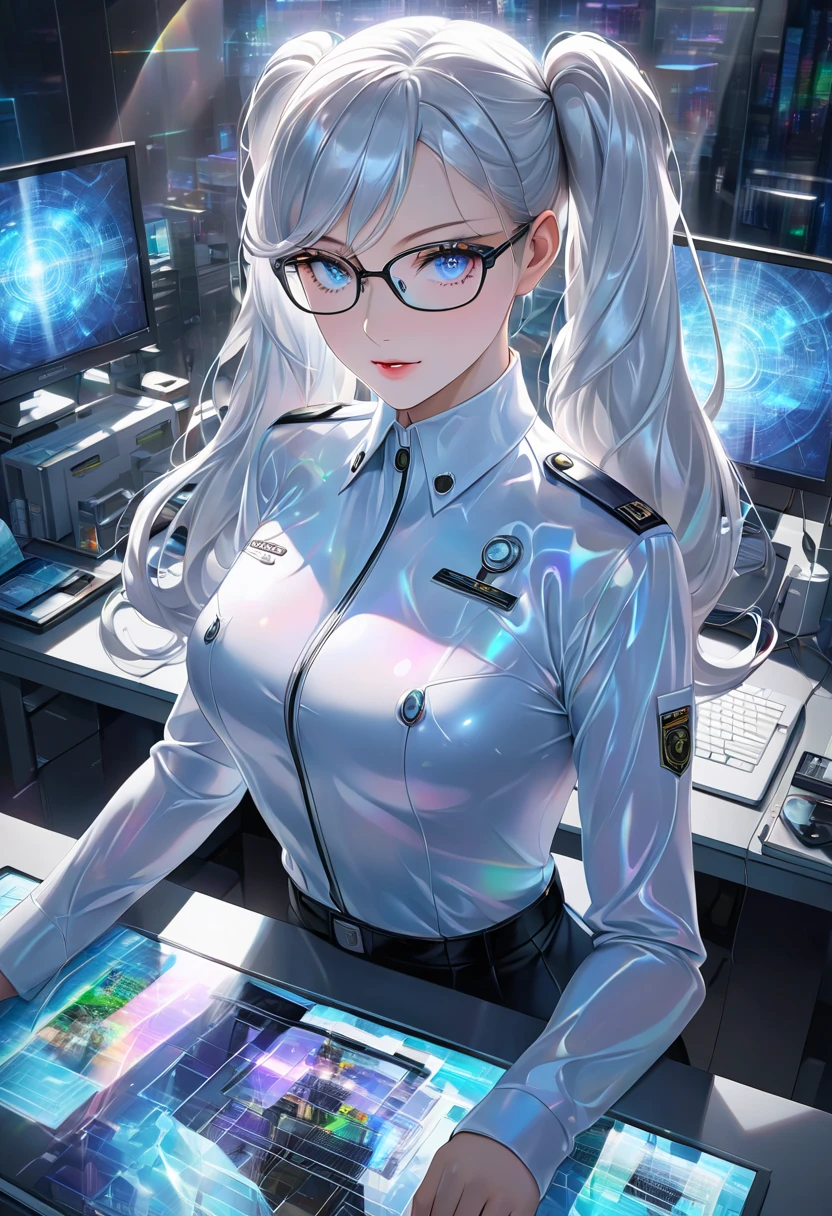 large number of computer monitors appear as holograms, huge amount of top-secret information is displayed on them, and female spy gathers information wearing tight fit semi-transparent uniform, intelligent beauty, glasses, white twintails, amorous and lewd expression, captivating sharp eyes, superlative body proportion, background iridescent sparkling analyser lab room reflecting the light, bold and dynamic, contrasts of light and shadow, 2.5D, artistic images art, ultra detailed, absolutely resolution, masterpiece