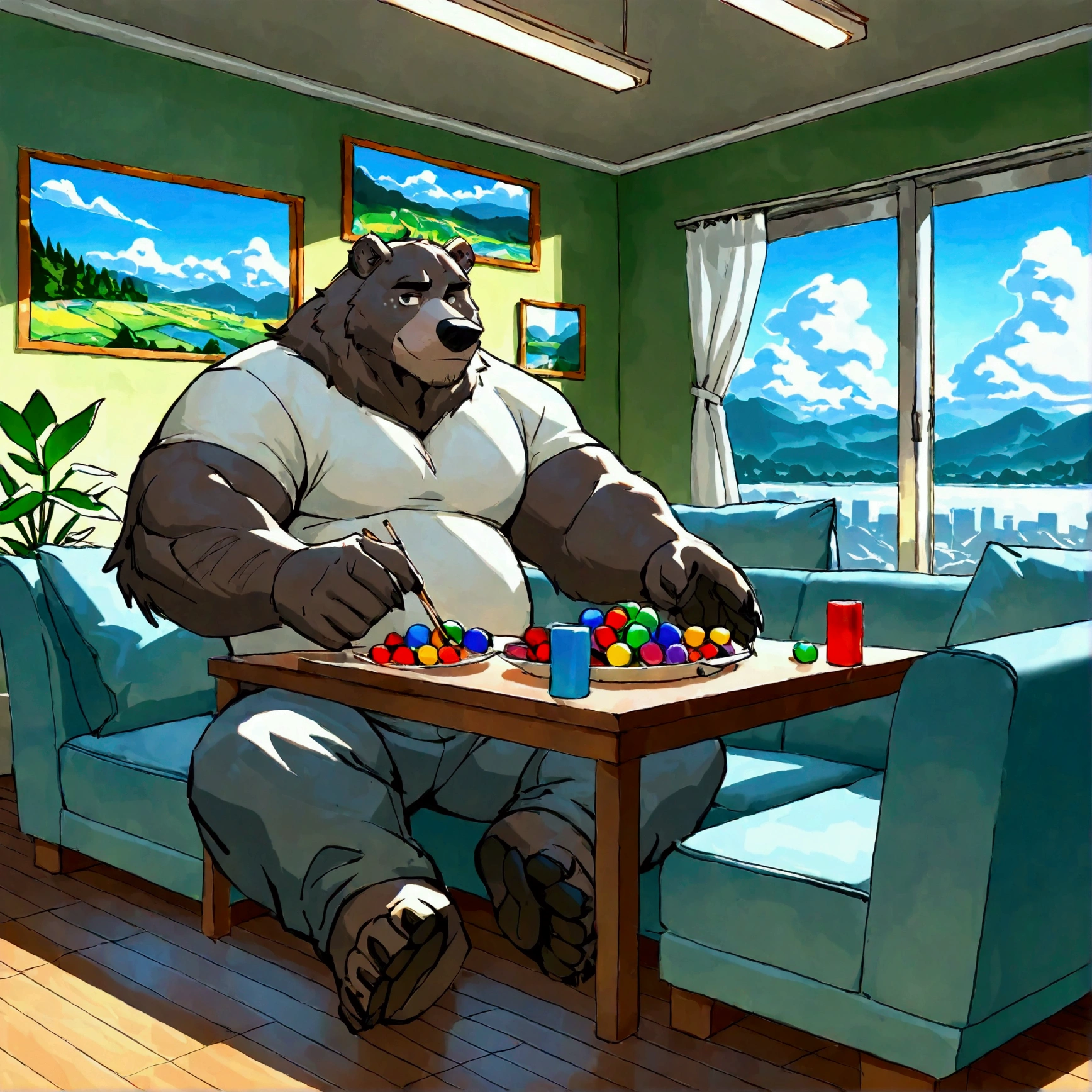 character focus, full body, looking away, dynamic angle, middle-aged bear man designed matryoshka into the table, light smile, russian design, detailed painting landscape, living room, table, indoor, full body, HDR, BREAK masterpiece, official art, best quality, very aesthetic, absurdres, super fine illustration, great quality, BREAK noise reduction, very highres, large filesize, high quality, 32K, 8k wallpaper, dynamic lighting, BREAK insanity detailed, ultra detailed, intricate details, extremely detailed, detailed texture, an extremely delicate and beautiful, toys atmosphere