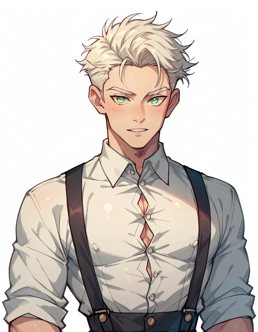 ( cartoon ) ,human Male , whiter Tied  hair Style   , Green pupils    , white shirt Buttons  ,Suspenders 