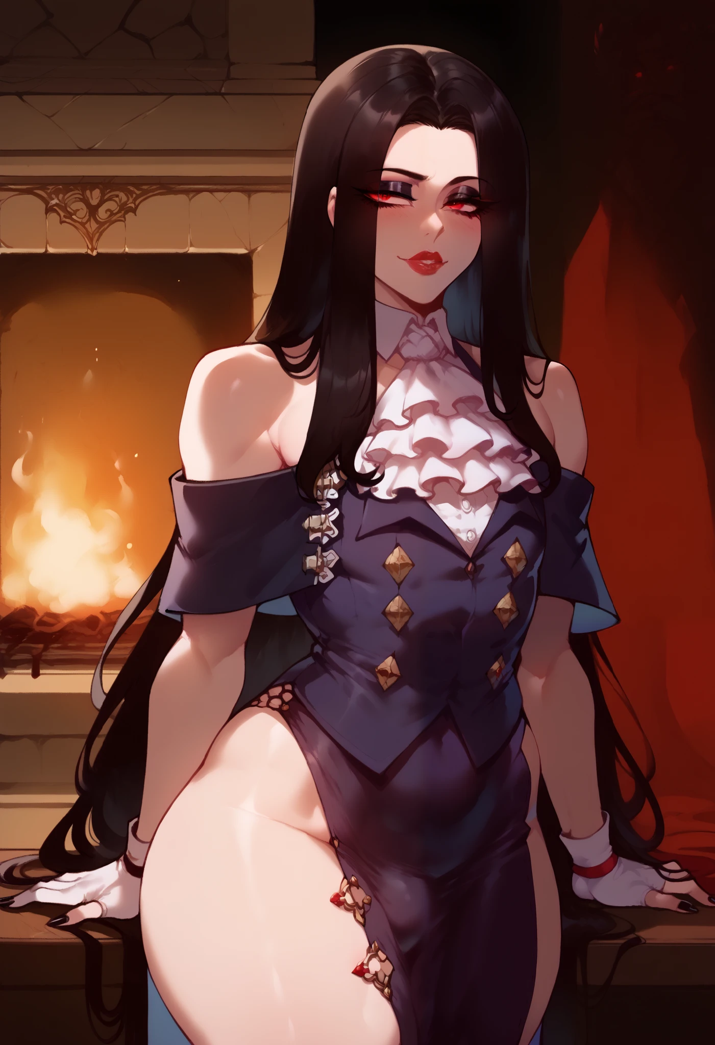 score_9, score_8_up, score_7_up, seductive face, seductive expression, standing, androgynous male, ggtestament, mature, highly detailed, detailed face, fair skin, curvy, in dark room, fireplace, night, red eyes, eyeliner, puffy lips, black hair, big ass, black hair, ascot, bare shoulders, long skirt, gloves, wide hips, huge penis outline, black nails, Nyantcha Style, Expressiveh