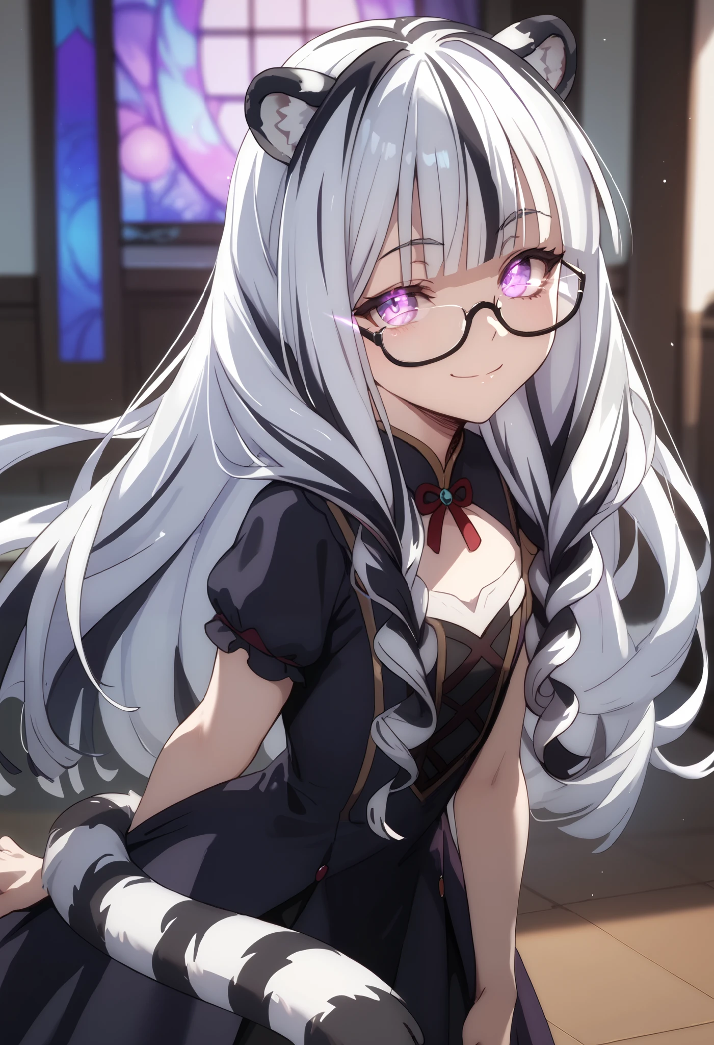 ((masterpiece)), 1girl, solo, long hair, white tiger ears, white tiger tail, open eyes, purple eyes, glowing eyes, white hair, black hair, multicolored hair, purple dress, black dress, multicolored dress, yandere theme, manic smile, wearing glasses.