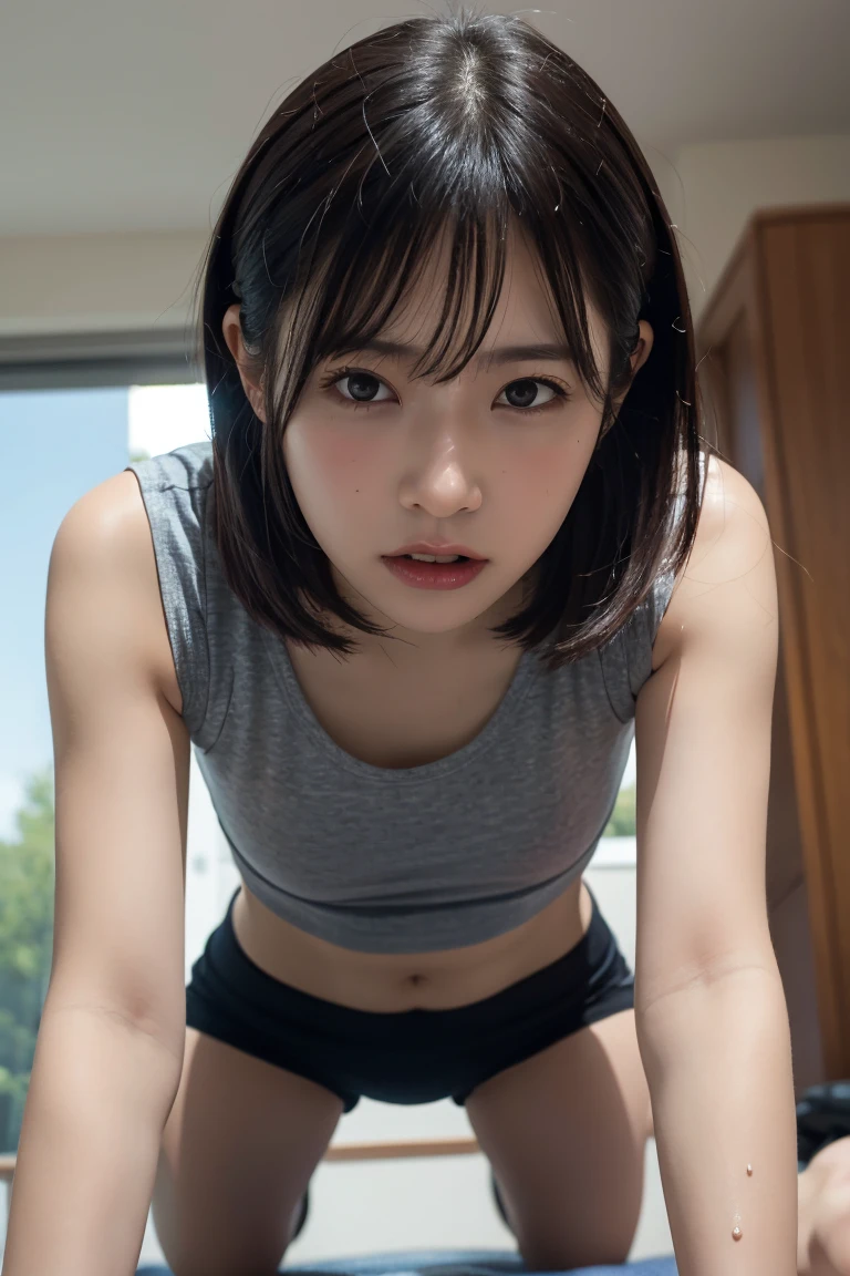 1girl, all fours, t shirt, living room, pov, round ass, yoga shorts