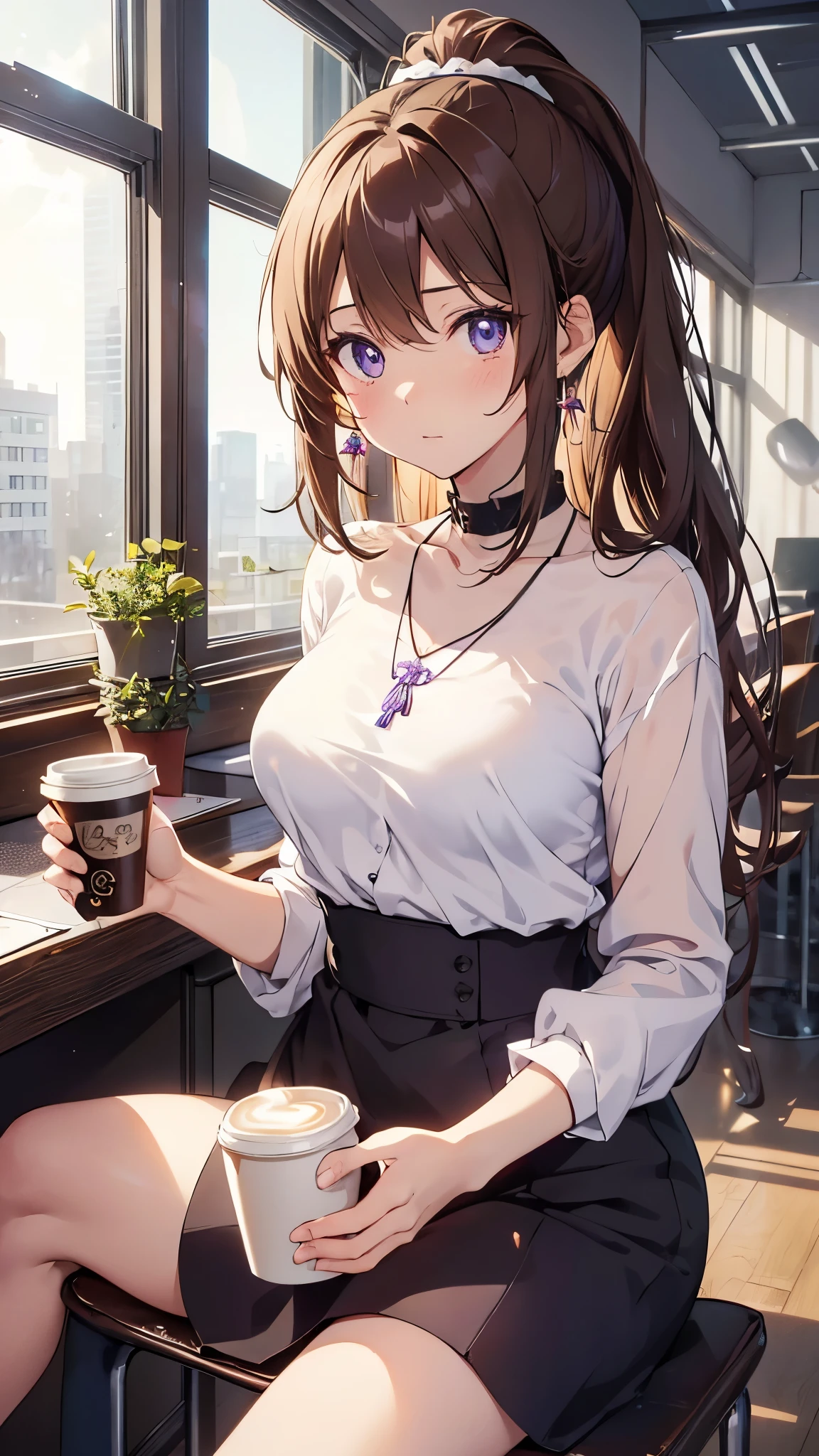 ((masterpiece)), ((Highest quality)), (Very detailed), ((cute)), cute, (Lovely), ((sexy)), (device), ((Very detailed)), 4K, (8K), Highest quality, (beautiful), Anime Style, Upper Body, Focus on the face, Whole body concentration, office, computer, morning, a cute girl, 1 Girl, alone, suit, beautiful light brown hair, beautiful purple eyes, ((beautiful eyes)), White skin, ponytail, Transparent Hair, Translucent hair, Big Breasts, Earrings, necklace, cup, coffee, A light smile, Lens flare, Reflection effect,Super mini clothes,