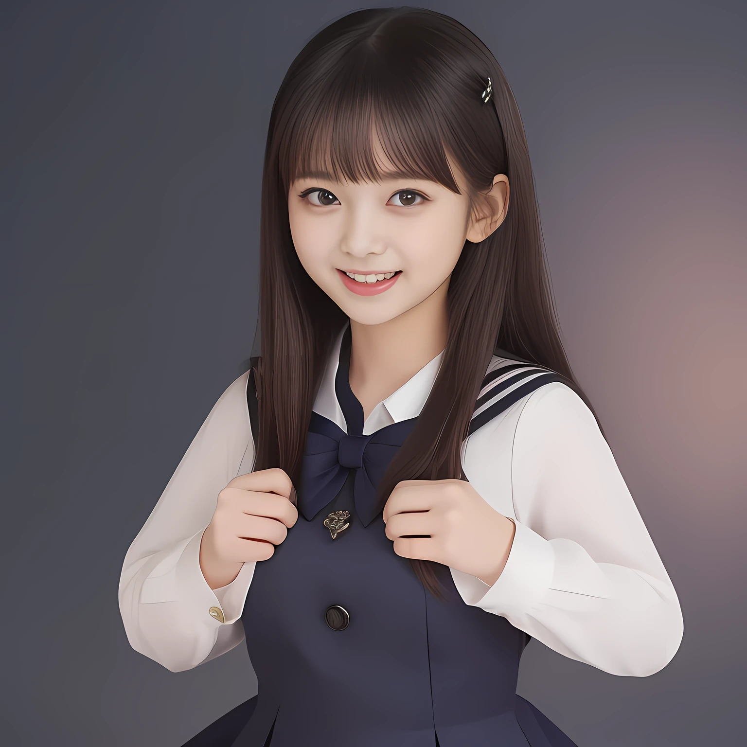 (Highest quality, masterpiece:1.2), Highest quality, High resolution, 1080P, 8k, (Two **** Japanese slender 清楚美少女アイドル are seated and give strong subliminal sexual invitation and temptation, undressing navy uniform, cute skirt with beautiful knees, looking at the viewer, can't stop showing cute smile open mouth because of feeling the viewer too ridiculous, very white-white face, very proud of her long straight black hair, using face-whitening cosmetics, **** 美少女's eyes, Small pupils, laughing giggling most open mouth, too expensive navy sailor-styled school uniform, well-straitened super-long well-trimmed long hair, evenly neatly trimmed girly cute bangs: 1.5), (Laughing blushed cheeks with dimples), (Well-balanced, impressive, very intelligent, double-eyelids, black shining large eyes of **** 美少女 with detailed: 1.5), ((Beautiful well-figured glossy opened laughing lips: 1.2)), (mature breast), (The viewer is forced to madly kiss her breast ribbon), (Very beautiful, super-glossy, cute neat black amazingly long hair, straight well-done long hair-style: 1.3), (plain blue background: 1.6), (((Completely balanced beautiful big cool eyes: 1.3))), (eyes, face and hair are especially beautifully detailed and beautifully drawn: 1.5), (She makes the viewer drink her love ribbon: 1.2), (the viewer become crazy and can't stop bursting and running every liquid to 清楚美少女, 美少女 is surprised : 1.7), (School uniform, too-cute slender 13歳 super-long-hair Japanese 美少女 idol twins are laughing at me and unties the breast button and make the viewer drink it: 2.0), (Super long hair super-beautiful 美少女 super-cute face navy-sailor-suit school-uniform pretty slender 美少女 of 美少女 photo magazine in the 1990s: 2.0), (Atmosphere and expressions and all the symbols are cleverly devised traps to force the viewer fall quickly into eternal deep deep unreal sexual pleasure of beautiful girl's inevitable embrace hypnosis: 2.0)