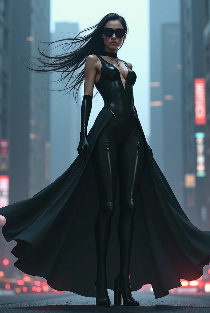 matrix trinity,kung fu,(masterpiece, Best Quality, High resolution, 32K HDR)), (Perfect portrait of trinity00:1.15), (black body suit:1.1, realistic Trinity sunglasses:1.1), Ultra detailed eyes, hyper derailed face, Detailed mouth, Detailed skin texture, (Atmospheric lighting), Shot with Aricum LT camera, ( on the highway:1.1, Huge breasts:1.15),