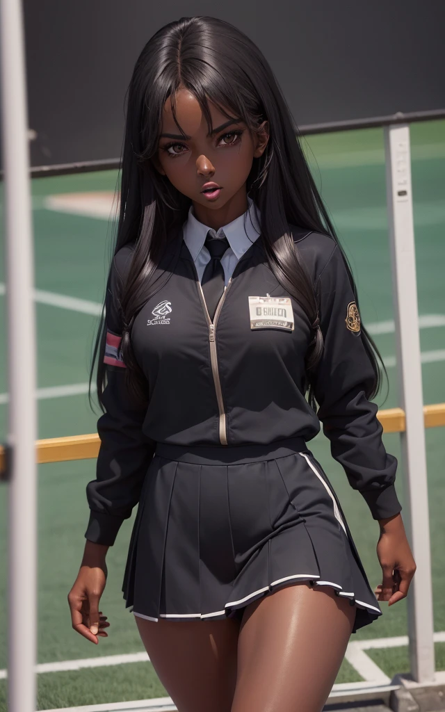 Screenshot My hero Academia.girl with black wavy hair, BROWN SKIN, black eyes,with the My Hero Academia uniform,in a room.