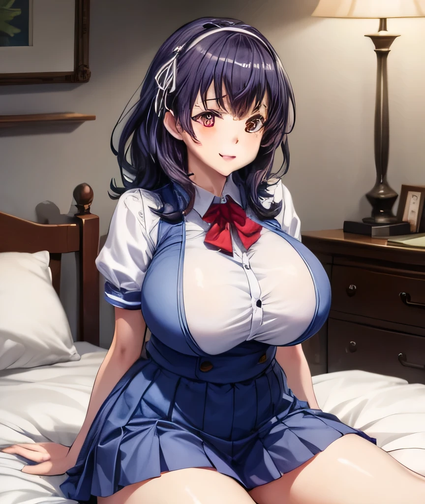 anime style, best quality, high resolution, 1girl, (huge breasts:1.4), yamanobe tomo, purple hair, red eyes, medium hair, school uniform, blue pleated skirt, class room, (blush:1.2), happy, hairband, Beautifu, in doggy pose, in bed, bed