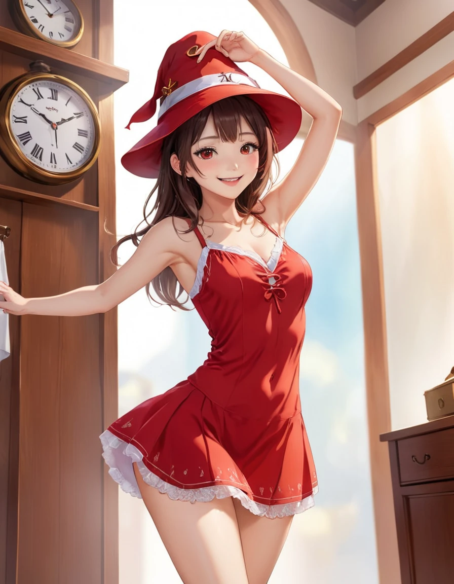  軽くてCheerful雰囲気の1ガールめぐみん,  Red Dress,   clock,  A Girl With A Smiling Hat With One Hand , Cast a spell
 ZIP2D   ,  happy , Joy, Cheerful, Easygoing, Cheerful, Cheerful, Pleasant atmosphere, 子供綿  underwear visible ,  underwear visible ,  see translucent chemise 、  turn the skirt upside down  ,  low angle、 see ren's panties , figure 