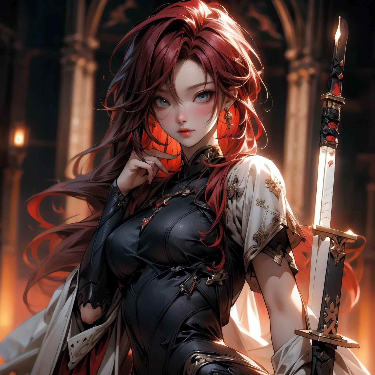 (best quality)), ((Masterpiece)), (details:1.4), 3d, HDR (high dynamic range), an image of a beautiful cyberpunk female, Red hair, Curtain Bangs, Red eyes, hips up, จมูกโด่ง, ปากแดง, หน้าอกใหญ่, nvidia RTX, PBR surface, After processing, Anisotropic filtration,depth of field, Maximum clarity and clarity, multi-layered surface, Subsurface scattering, perfect proportions, 8K raw files, ultra detailed, Perfect proportions, volumetric lighting, soft lighting, Holy Paladin, Light black Armor, glossy skin, castle background, jewely, ต่างหู, นิ้วมือสมบูรณ์,