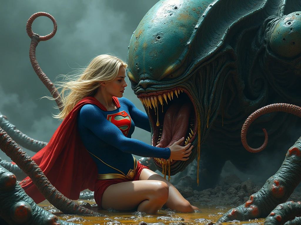 Supergirl gets her whole body wet by acidic saliva dripping from the ...
