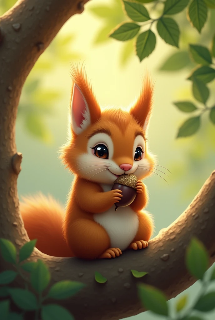 A cuddly squirrel cub nibbling on a nut sitting on a tree branch.