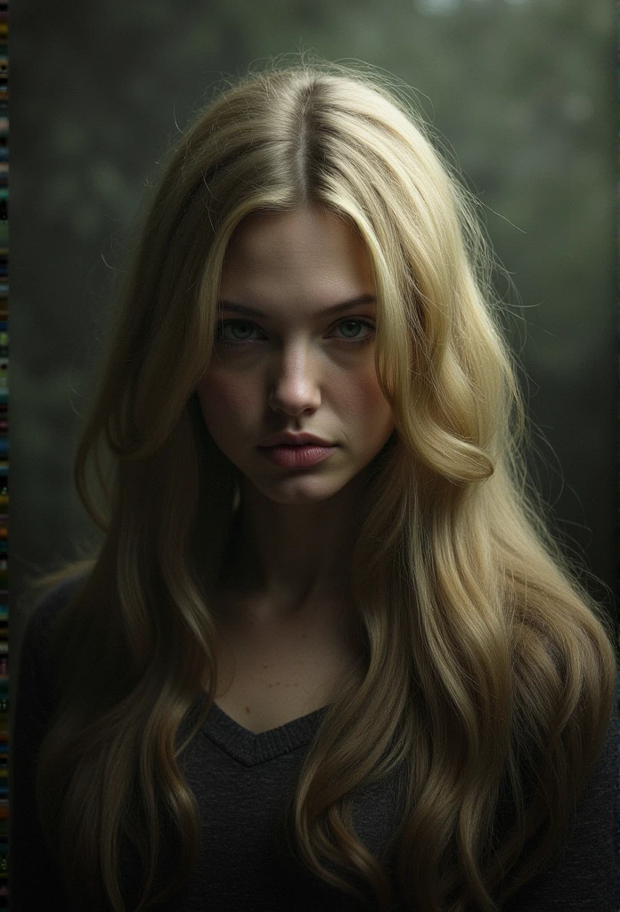 Beautiful adult angel girl with beautiful long blonde hair chaos around her ((beautiful render)) ((worked out person)) ((detailed skin)) ((gloomy atmosphere ))