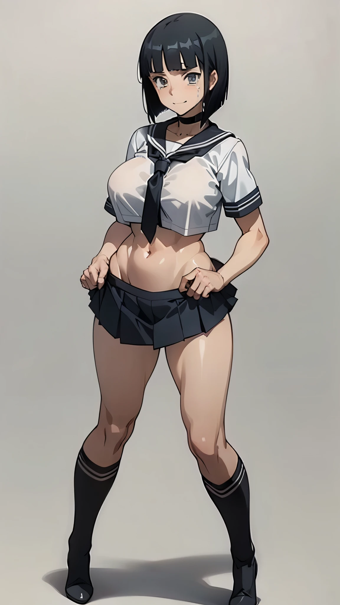 anime,EFT_Sao_Sis,(shame, grinning:0.5,crying),(cowboy shot),(black bob cut,straight bang:1.3), (choker, short-sleeved sailor blouse,gray sailor collar,croptop,gray sailor necktie,low-rise micro pleated skirt,black thighhigh stocking,short boots),(big breasts),(six pack abs:1.1),groin