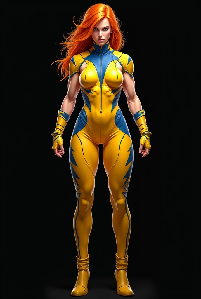 (Jean Grey), Xmen 97, a beautiful woman with long red hair, detailed face, piercing green eyes, wearing a blue and yellow costume, x-men 97 style, dynamic pose, muscular body, cosmic powers, dramatic lighting, cinematic composition, photorealistic, award winning digital art