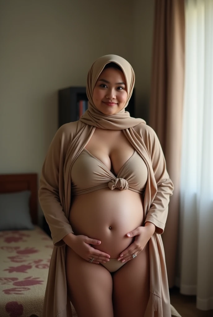 RAW, Best quality, high resolution, Masterpiece: 1.3), Beautiful naked Malay woman in hijab, pregnant 9 , sexy lady, tall girl, flawless face,  cute face, pretty malay face, beautiful white teeth, Masterpiece, Perfect plump body, full body, ((beautiful sexy big breasts)), saggy breasts, tongue out ,((wearing bawal style hijab)), very wide hijab, wearing handsocks, wearing stockings, beautiful big eyes, watery eyes, Soft smile, ((naked)) ,smiling, breezy, skin details, skin texture details, wide hips, thick thighs, sexy plump body, morning time, laughing, happy, bright sunshine, in bedroom, laying down on bed, blurred background, bokeh, ((hairy vagina, virgin vagina, puffy nipples)), ((laying down on pillow, spreading legs)), ((beautiful armpit)), big round buttocks, soaked body, soaked thigh, soaked vagina, soaked breasts