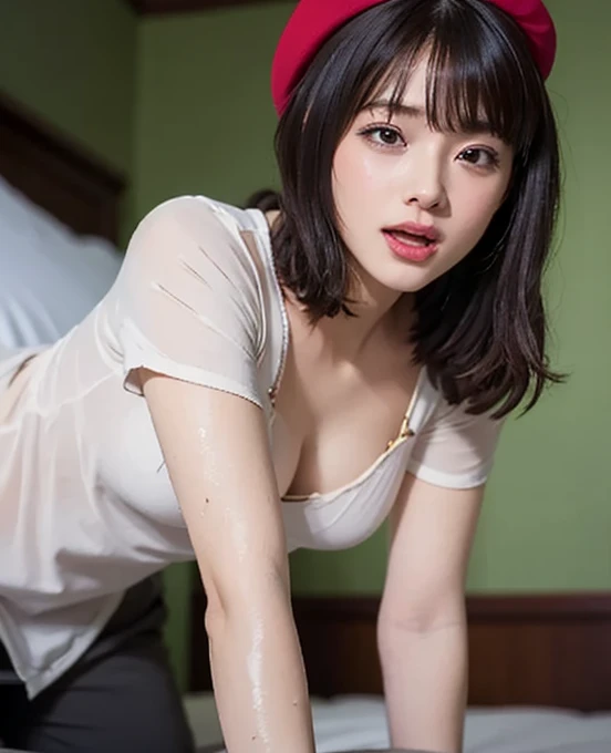 ((very beautiful nurse undresses on the bed)). (Wearing a white transparent nurse uniform: 1.5). 40k, Photo, masutepiece, of the highest quality, Cute, (Short hair). Beautiful Japanese woman with soft breasts and white skin, Various poses. ((Big: 1.2)), ((has very soft breasts, Lie down and open your crotch wide,  srestrained)), Ultra-detailed face, Detailed eyes, Yui Arakaki, Sharp pupils, light brown hair, very short bob hair without bangs, (8K, Best Quality, masutepiece: 1.2), (Realistic, Photorealistic: 1.2), on the bed, Lying down, Shirt, Skirt, Spread your legs, Unconscious, Sleeping, {{cum on facial}},_In_Mouth,_SUI_hair, Breast ejaculation, Whole body,(((Thick white liquid on face))),(thick white liquid on the body) , ((the body is dripping wet)), ((Wet thighs)), (((thick white liquid dripping from body)))), (((thick white liquid on breast)))), Lying down, Drenched mouth with drool, holding a long eggplant in her hand, thicken the eggplant.