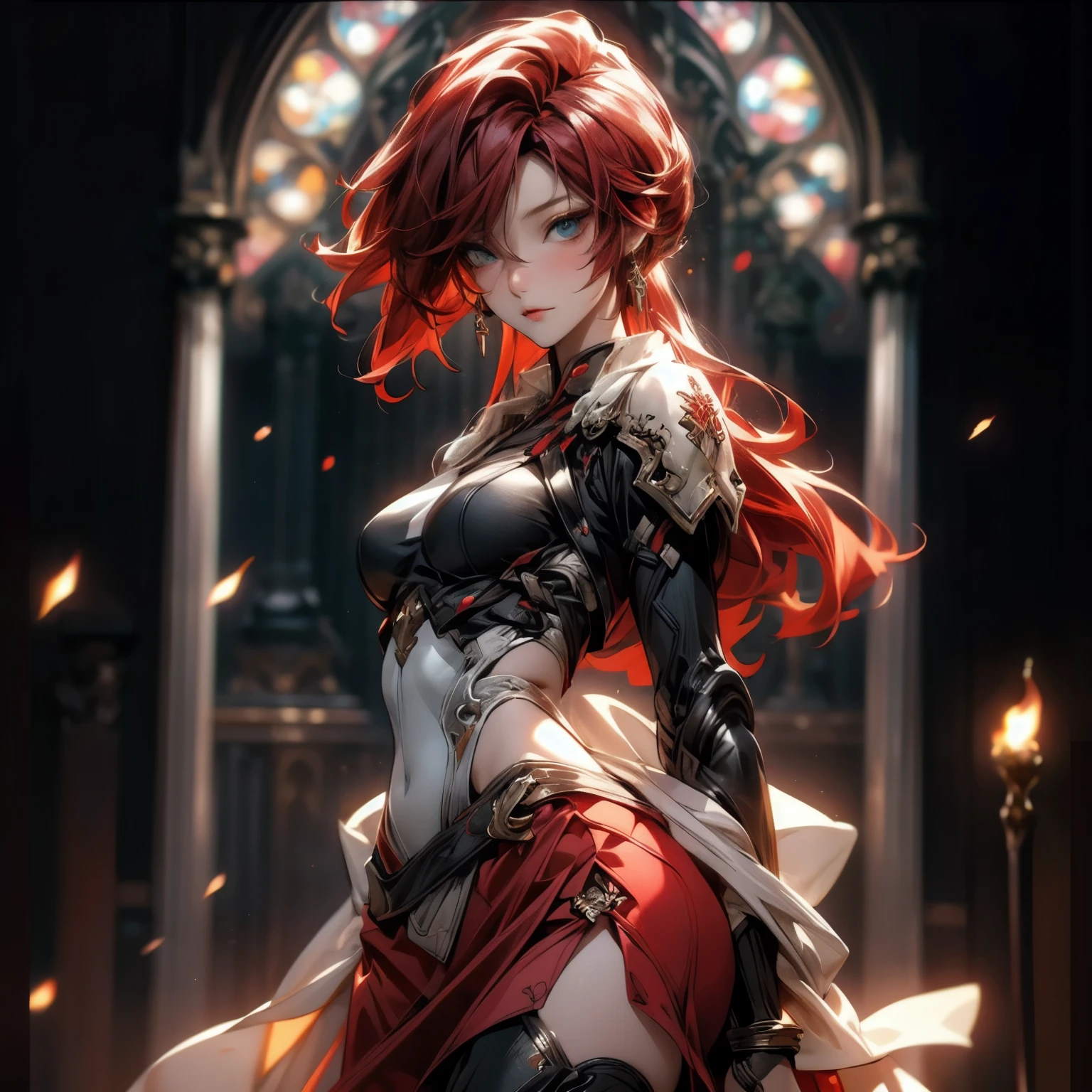 (best quality)), ((Masterpiece)), (details:1.4), 3d, HDR (high dynamic range), an image of a beautiful cyberpunk female, Red hair, Curtain Bangs, Red eyes, hips up, จมูกโด่ง, ปากแดง, หน้าอกใหญ่, nvidia RTX, PBR surface, After processing, Anisotropic filtration,depth of field, Maximum clarity and clarity, multi-layered surface, Subsurface scattering, perfect proportions, 8K raw files, ultra detailed, Perfect proportions, volumetric lighting, soft lighting, Holy Paladin, Heavy Black Armor, glossy skin, intricate grey background, strong back lighting, jewely, ต่างหู, นิ้วมือสมบูรณ์,