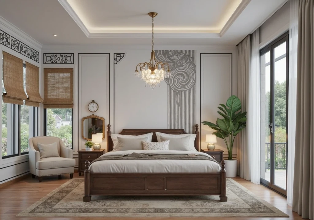 Designed a bedroom with a blend of Indochine (French Colonial in Southeast Asia) and Art Deco influences. The space is characterized by elegant furniture, rich colors, and intricate details. 

**Color Palette:** The room features a rich color palette with olive green walls, white and black trim, and cream-colored upholstery. This creates a sense of sophistication and warmth. 

**Wall Paneling and Molding:** Intricate wall paneling and molding, combining vertical stripes and geometric shapes, add depth and visual interest. 

* **Furniture:** Includes a dark wood four-poster bed with a geometric headboard, matching nightstands with marble tops, and a low dresser with an ornate mirror. A cream-colored armchair provides a cozy reading nook. 
* **Lighting:** Features a geometric chandelier, elegant bedside lamps, and a brass-accented floor lamp.
* **Accessories:** Incorporates woven bamboo window treatments, Art Deco-inspired artwork, and decorative objects in earthy tones, complemented by lush greenery. 

The design harmonizes the exotic elegance of Indochine with the geometric glamour of Art Deco, creating a luxurious and inviting atmosphere. Enhance the quality of rendered images! Here are some key suggestions: 1. **Resolution**: Increase the resolution for sharper and more detailed visuals. 2. **Lighting**: Experiment with different light sources and angles to achieve realistic effects. 3. **Materials and Textures**: Use high-quality textures and pay attention to details like reflections. 4. **Post-Processing**: Adjust contrast, brightness, and color balance after rendering to elevate the images. 5. **Render Settings**: Optimize settings like anti-aliasing and global illumination to enhance quality without extending rendering time. Implement these tips to create stunning visualizations!