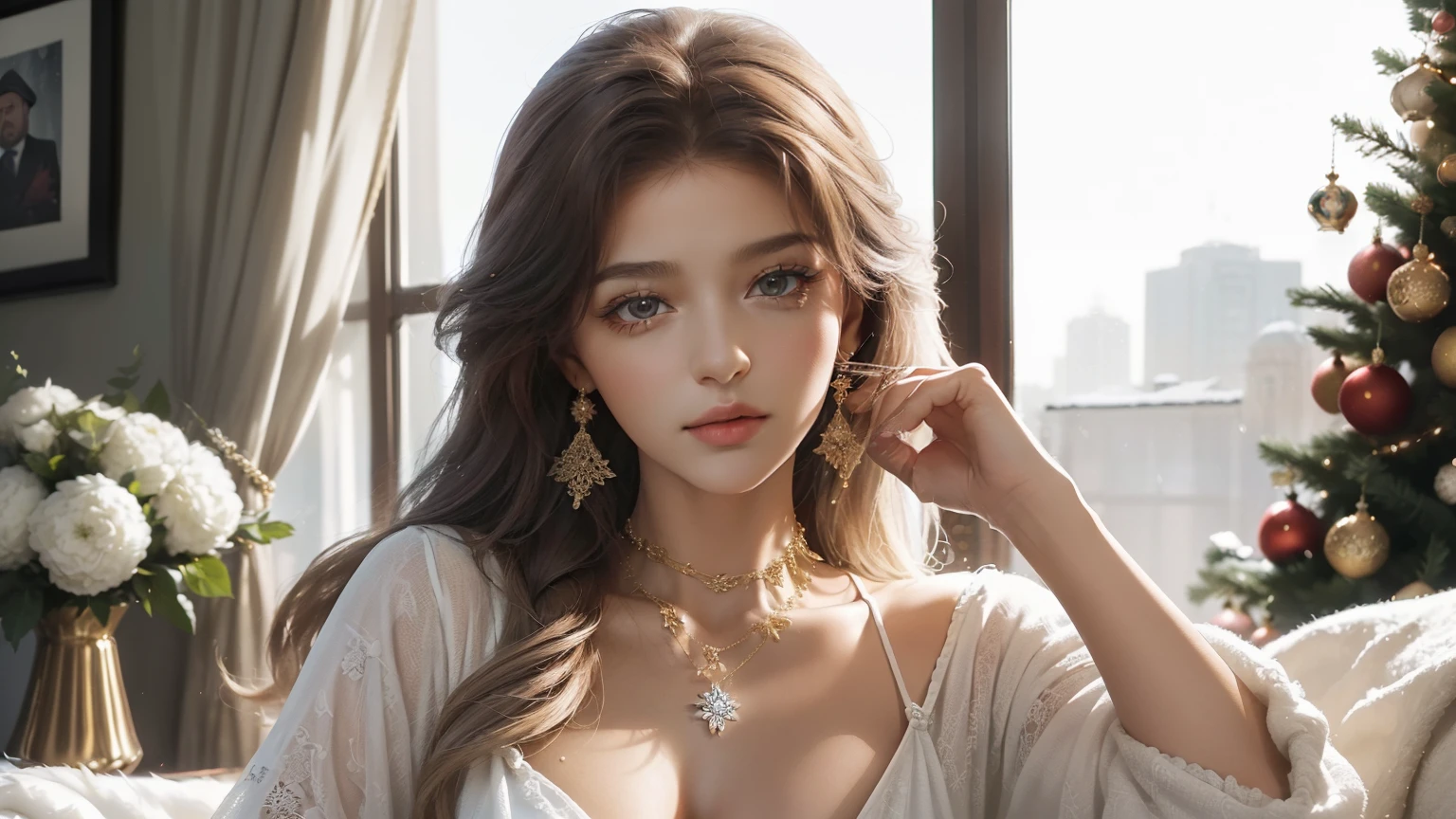 высокий, красавица, Статуйный, мужественный молодой человек (платиновая блондинка, загорелая кожа, голубые глаза, длинные прямые платиновые волосы, роскошный рождество смокинг) держит снегурочку на руках (невероятно красивая молодая роковая блондинка с длинными золотистыми волосами) на ней роскошное шикарное рождество платье, ювелирные изделия, красивая шляпа, тиара. Она держит в руках подарки.. Она счастливы., влюблена. в полный рост. Красивый церемониальный зал. шедевр, красивое лицо, красивые черты лица, perfect image, Реалистичные фотографии, полноразмерное изображение, 8к, подробное изображение, очень подробная иллюстрация, настоящий шедевр высочайшего качества, с тщательной прорисовкой. Светиться. в полный рост. Очень изысканные и богатые с бархатом и кристаллами сваровского Рождественские украшения на аллее Звёзд в Голливуде. ::кристаллы сваровского :: A luxurious Christmas scene in the style of a premium glossy magazine cover illustration. In the center of the composition is a majestic 5-meter fir tree decorated with designer Swarovski glass balls and crystal pendants. Rich lighting creates multiple highlights on the glossy surfaces of the toys. Next to the tree stands a smart Santa Claus in a velvet coat with silver embroidery. In the foreground are exquisitely wrapped gifts in metallic paper with satin ribbons. Golden Dom Perignon champagne sparkles in crystal glasses. In the background, fireworks scattering in the night sky on a beautiful city square create a fabulous glow. Photorealistic quality, studio lighting, bokeh effect, glossy processing, ultra-high detail.