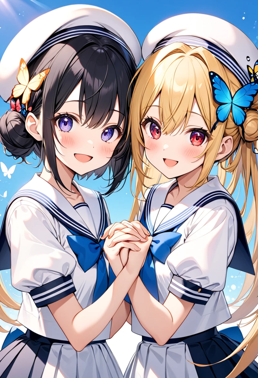 2girls, multiple girls, long hair, open mouth, blonde hair, black hair, :d, hair bun, blue eyes, blush, purple eyes, red eyes, sailor collar, double bun, hair between eyes, hair intakes, very long hair, short hair, hat, school uniform, short sleeves, hair ornament, puffy sleeves, puffy short sleeves, beret, dress, bowtie, holding hands, looking at viewer, interlocked fingers, bow, upper body, smile, blue bow, butterfly hair ornament, white headwear