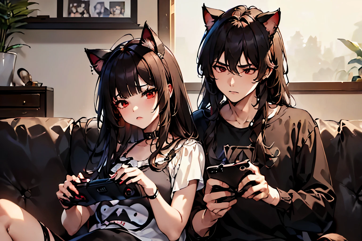 (( better quality )), ((Obra de arte)), (Detailed), ((  Neocruz male couple with medium brown hair , messy hair,  black eyes and the Junkotvv woman with long black hair with straight bangs and cat ears and red eyes,  also sitting on the couch playing video games , Homem having fun and irritated woman   ))