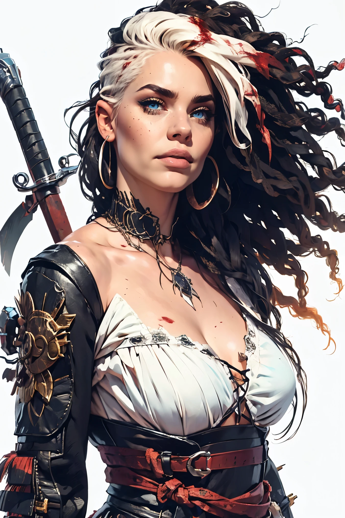 Billie Eilish as a sorceress, small breasts, covered in blood, highly detailed cinematic illustration, black outlining, full color illustration, vivid colors, masterpiece, 8k, ultra-detailed, physically-based rendering, photorealistic, white background