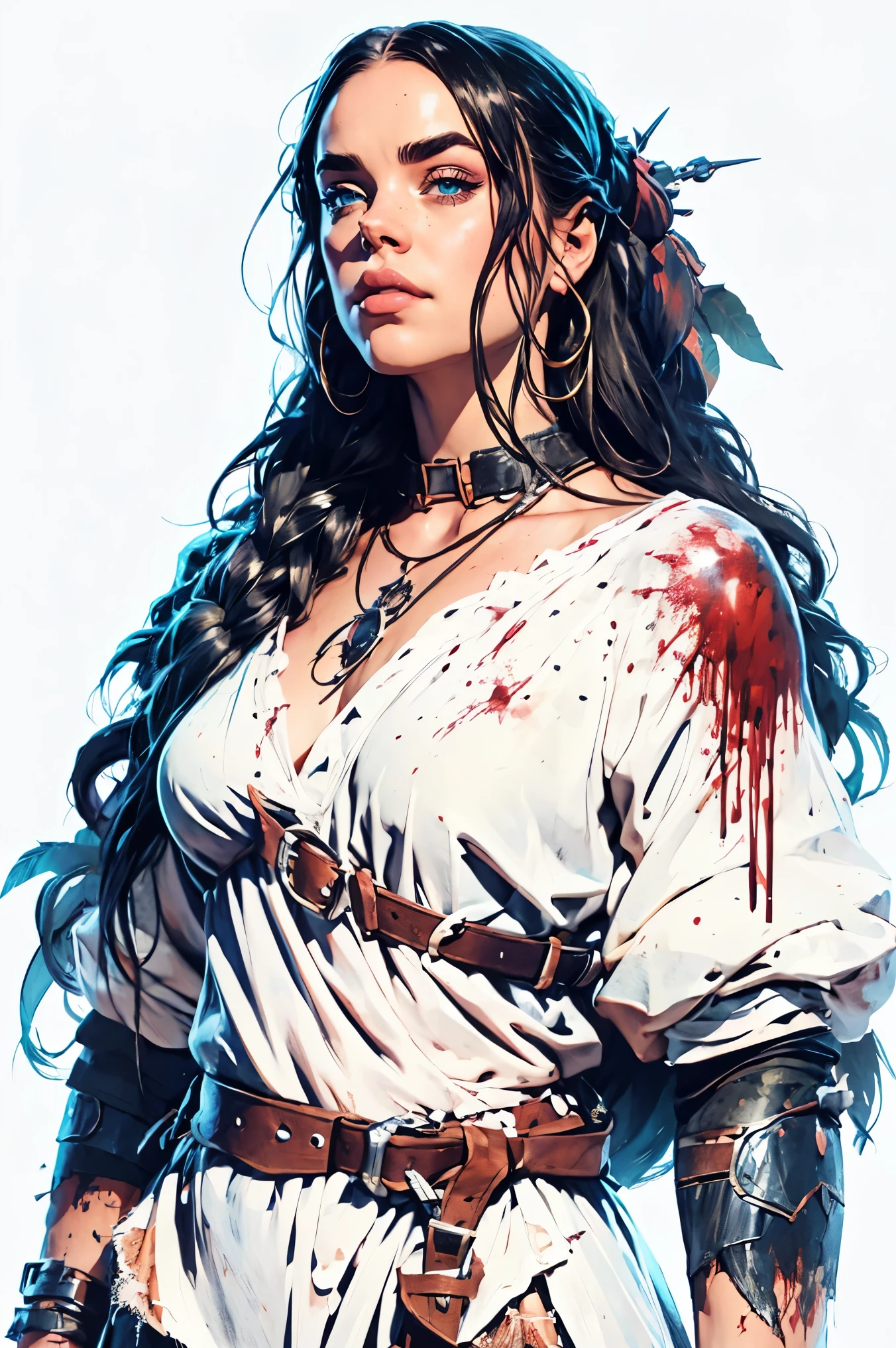 Billie Eilish as a sorceress, small breasts, covered in blood, highly detailed cinematic illustration, black outlining, full color illustration, vivid colors, masterpiece, 8k, ultra-detailed, physically-based rendering, photorealistic, white background