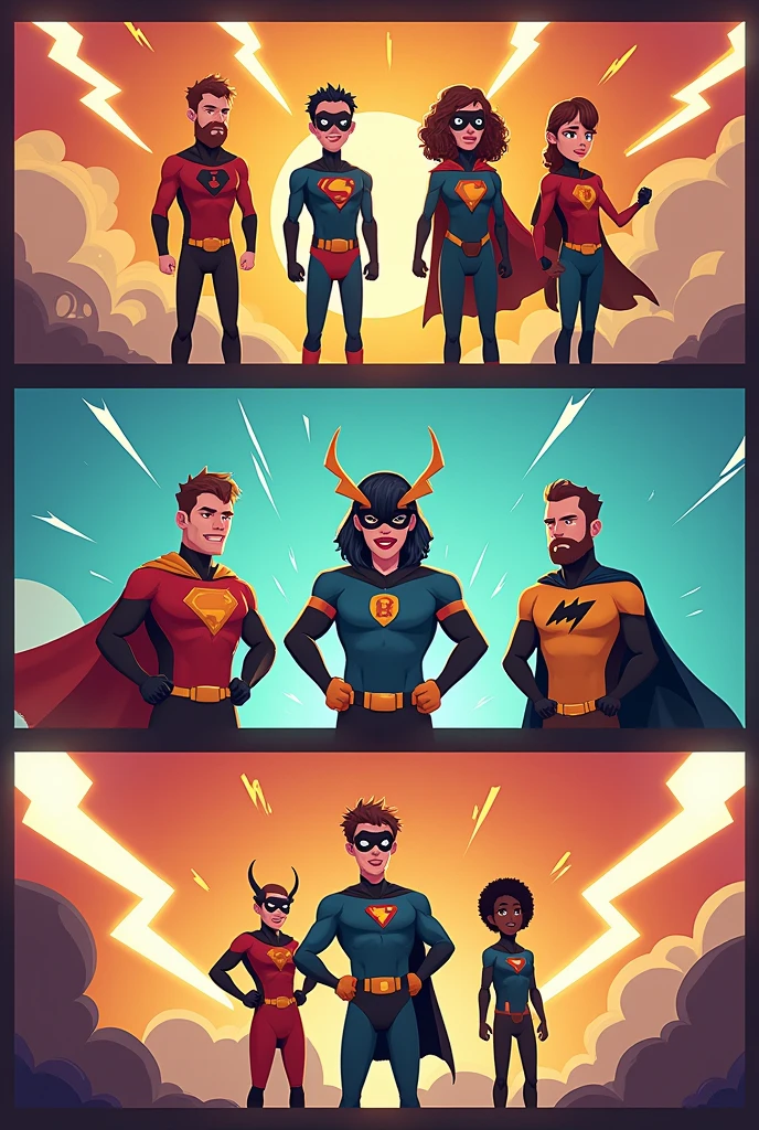 "Create a vibrant and high-quality YouTube banner with a 16:9 aspect ratio. The design should feature a dynamic and colorful background that bursts with energy. Incorporate a diverse array of characters including iconic superheroes, popular cartoon characters, and humorous memes. Ensure the characters are well-integrated into the scene, with a cohesive and engaging layout. The superheroes should display their signature costumes and powers, the cartoon characters should be lively and expressive, and the memes should add a touch of humor and relatability. The overall design should be eye-catching and visually appealing, with a balanced composition that captures the essence of fun and excitement."
