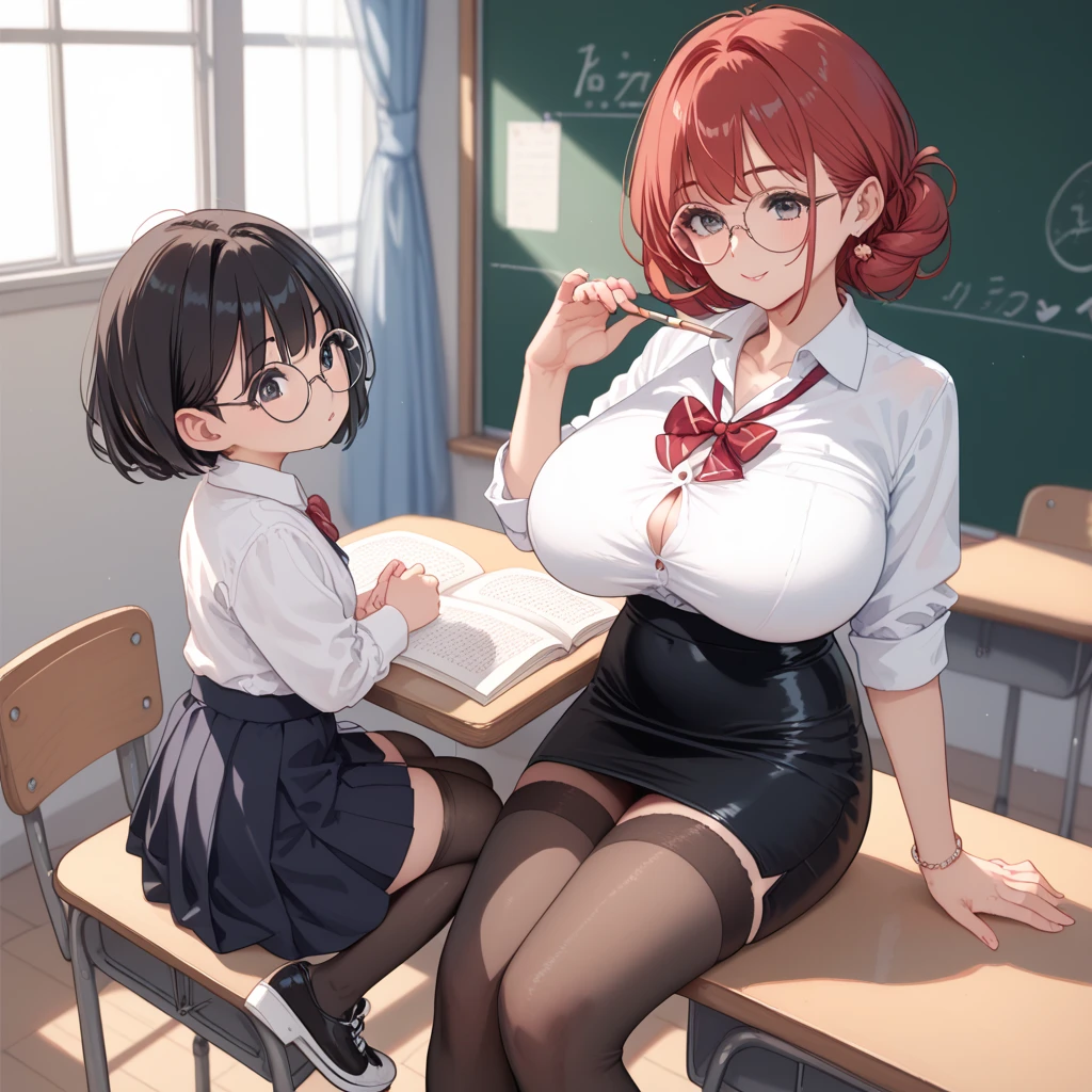 score_9, score_8_up, score_7_up, score_6_up, score_5_up, score_4_up, (source_anime), 2girls, yuri, Classroom, full body, massive breasts, madure woman, teacher,  , big size difference, Eleussy, oral sex, Cumming, squirt