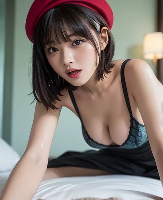  best quality, 8k,   Masterpiece : 1.3)), Beauty,  red hair、 shortcuts、Wear a beret、 1 girl, big: 1.3,  slim abs: 1.1,    small breasts, ( lying in bed, Legs open: 1.2),  super detailed face,  very detailed lips,  detail eyes ,  double eyelids, wireless bra ,  wet, sweat,   orgasm face, strip,  on all fours,  wet体, Revealing pussy ,   can see pubic hair  , face focus,  red hair、 shortcuts、 from below, naked, Sex with a man,  look at the viewers, nsfw,  excited , Scream, ,  eye closed , Smile a little,  open her mouth ,  hotel room, Anatomically Correct, 