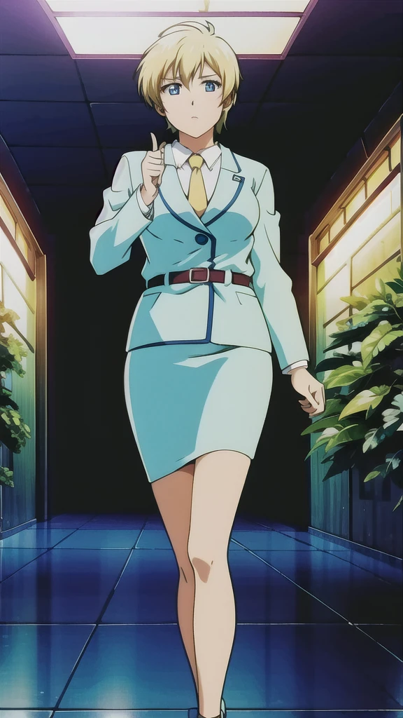 Blonde、 shortcuts、茶colorの瞳、悲しいface, Full Body Style 、 normal breasts、 narrow waist 、Bare legs、 in a suit、 blue jacket ,襟付き shirt, shirt, yellow tie ,belt,,  blue mini pencil skirt, black tights,White pumps,My legs are slightly flabby, Official Art, extremely fine CG Unity 8k wallpaper , Complete, colorful , bright _ Front_face_Lighting,  shiny skin, ( masterpiece:1.0),(Highest_quality:1.0), 超 high definition ,4K, super detailed photo shoot, 8k,  high definition ,  high definition ,  looking for something in an absurd :1.2,  Kodak Portra 400,  film grains ,  blurry background, Bokeh:1.2,  lens flare, ( vibrant _ color:1.2), Professional photography,Anime Images、