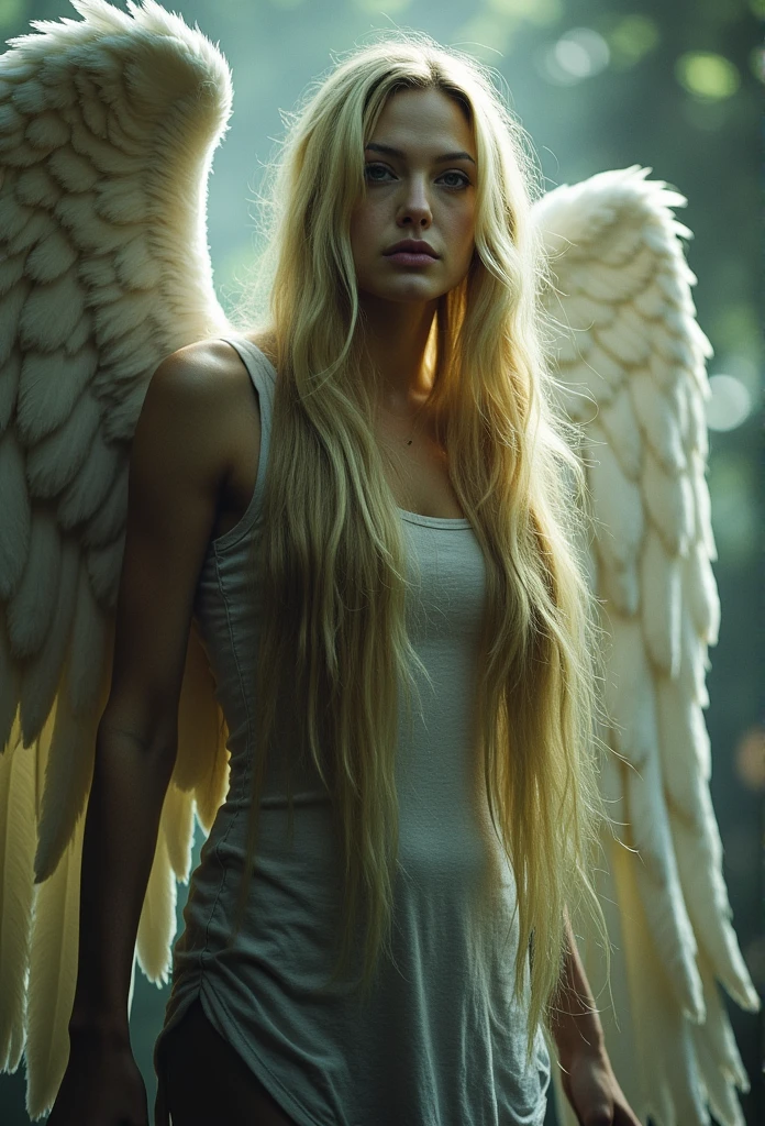 Beautiful adult angel girl with beautiful long blonde hair, big white fury wings, chaos around her ((beautiful render)) ((worked out person)) ((detailed skin)) ((gloomy atmosphere ))