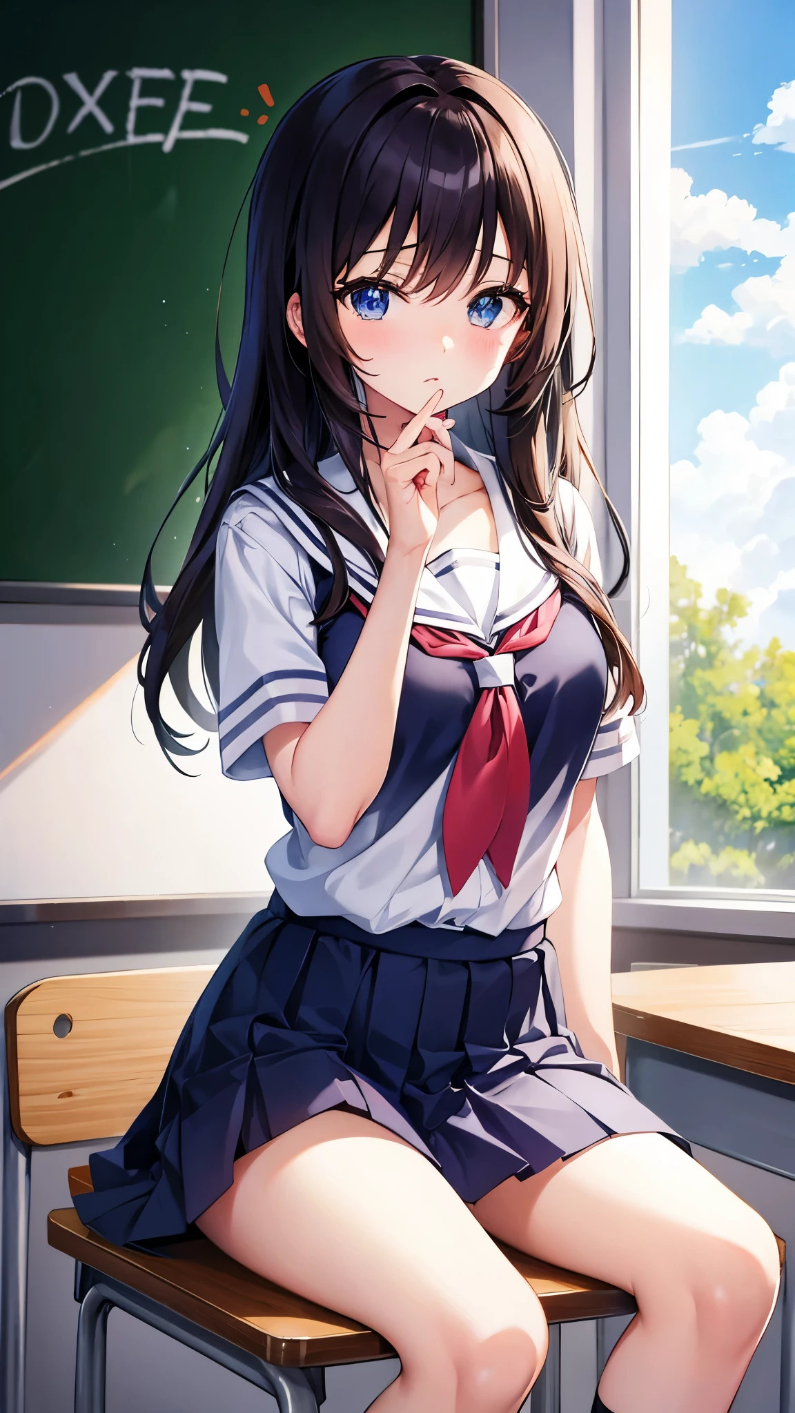 An anime girl sitting at a desk and putting her hand on her chin An anime girl is sitting at a desk in a classroom in front of a blackboard, Beautiful anime school girl,  Cute Anime Girl ,  white panties, cute girl,  sexy anime girl ,  Anime Moe Art Style ,  beautiful anime girl is crouching,  anime best girl  , smooth anime cg art,  charming anime girl, Cotton panties, Surreal High School Student ,  young anime girl 