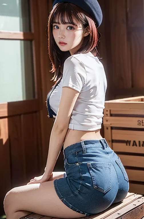     cute high school girl is wearing a tight light dark blue bloomer,    red hair、 shortcuts、Wear a beret、 small breasts、  Beautiful breasts , (((    slim waist   ))), Exposed navel, (((    short t-shirt that shows the lower half of her chest    ))),     amazingly beautiful    , (((The lower half of her butt is exposed    ))),   slender ,   Exposing Skin   , baby face,   Shopping in town    ,     , (from back), ((( Sitting in a wooden box、 from head to thigh)))、  Anatomically Correct, 