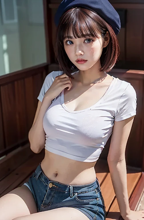     cute high school girl is wearing a tight light dark blue bloomer,    red hair、 shortcuts、Wear a beret、 small breasts、  Beautiful breasts , (((    slim waist   ))), Exposed navel, (((    short t-shirt that shows the lower half of her chest    ))),     amazingly beautiful    , (((The lower half of her butt is exposed    ))),   slender ,   Exposing Skin   , baby face,   Shopping in town    ,     , (from back), ((( Sitting in a wooden box、 from head to thigh)))、  Anatomically Correct, 