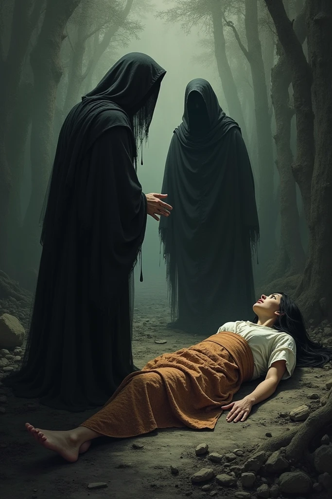 The fainted bride,,The skirt of your white dress is torn and stained red.,Ripping,lying in the forest,dark and scary with hooded men in vomit Black hair, high resolution,