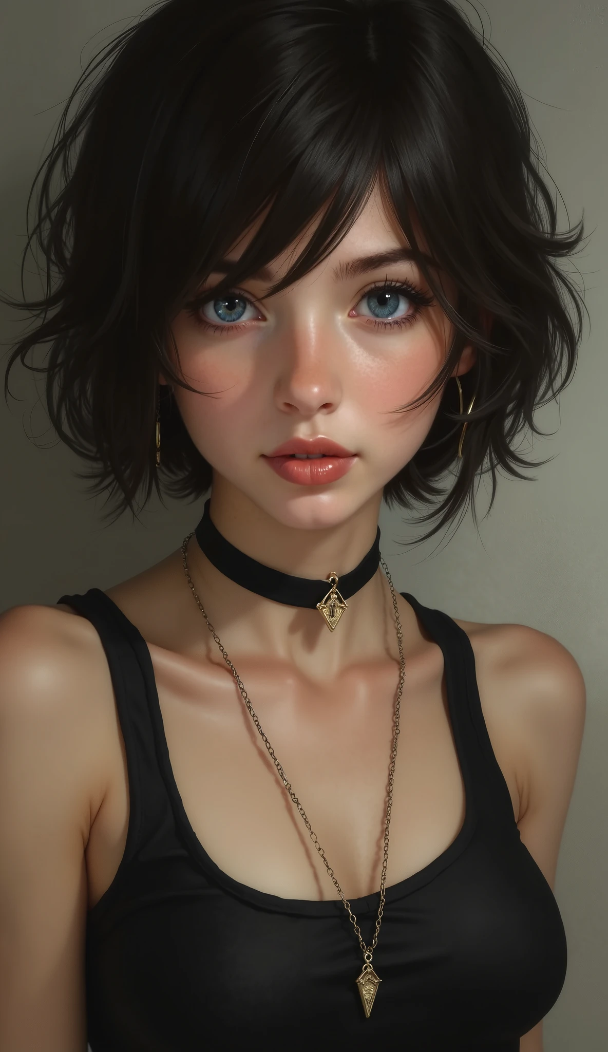 Best quality, masterpiece, ultra high res, (photorealistic:1.5), raw photo, 1girl, offshoulder, in the dark, deep shadow, low key, cold light, sexy look, short hair