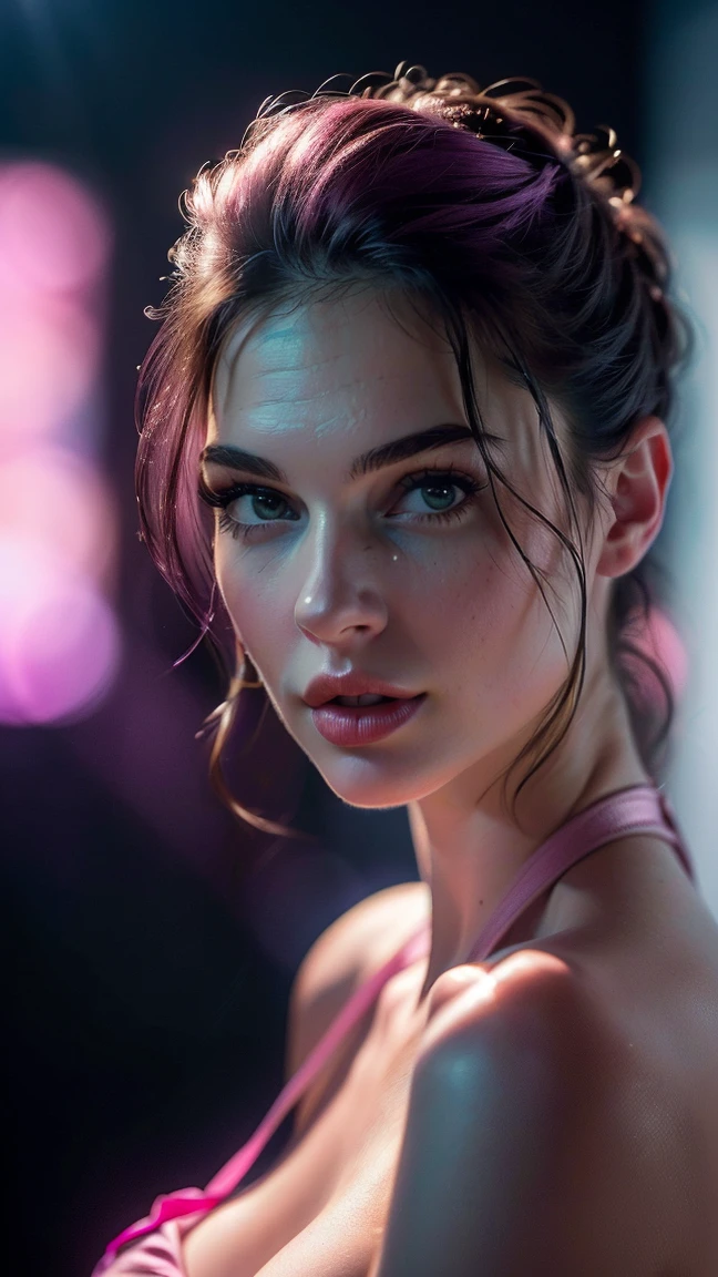 (((ultra realistic))) Photo, masterpiece, top quality, (pale skin), (Ultra detailed face and eyes:1.3), 1 girl, Adult, in a dress, ((Eye makeup, pink mascara)), ((very large detailed lips)), ((Pink волнистые волосы)), ((Stylish hairstyle)) , (Natural breasts), (Slim waist). ((Posing, hands on breast)), photoshoot, (Soft)Lighting, (The play of light and shadows), depth of field, bokeh, (special attention to skin detail: 1.2), Detailed leather texture, skin pores. (Cool atmosphere of the frame. color scheme - black, purple, Pink, Tons), UDR, ((Film grain)), ((rays)), (Glare), ((waist up portrait)) , ultra detialed, 