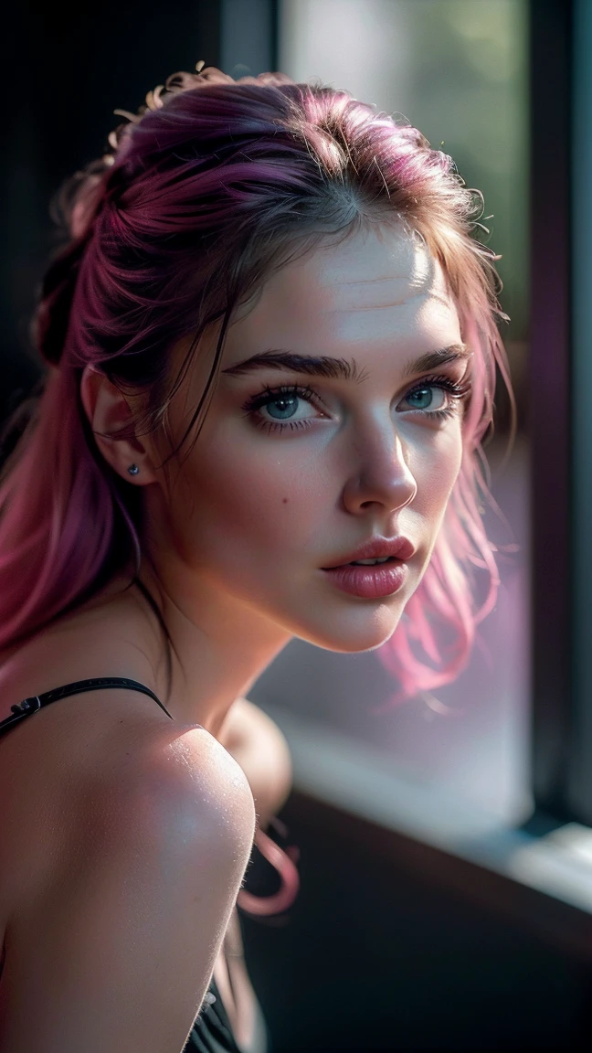 (RAW photo, best quality), (realistic, photo-realistic:1.2), 1girl, high quality, (high detailed skin:1.4), puffy eyes, gorgeous hair,  (dark room:1.3), (rim lighting:1.3), (dimly lit:1.3), (dark night:1.3), indoors, portrait, pink hair, dark background, short hair,  sexy, aegao, photorealims, hyperrealims, blue eyes