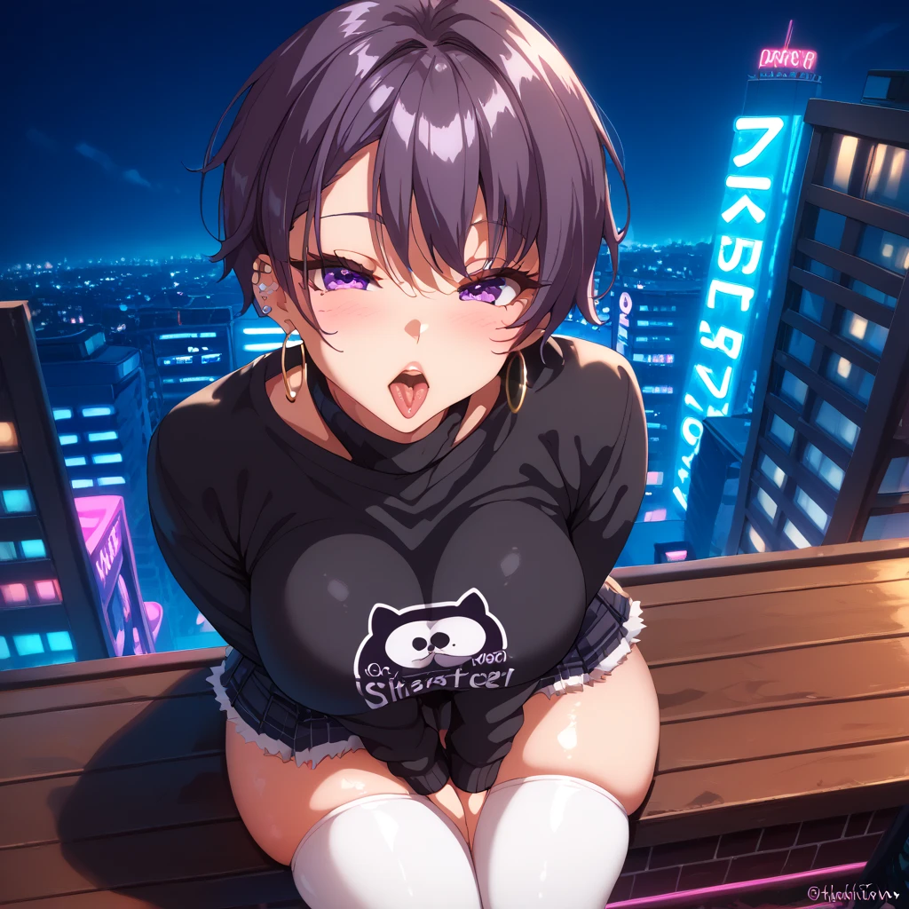 Nsfw, 1 female, purple short hair, skimpy outfit, black mini skirt, black long sleeve crop top, perfect face, perfect purple eyes, round face, ear piercings, hoop earrings, tongue out, mouth wide open, puckered lips, city rooftop, night time, neon lights, perfect large breasts, white thigh highs, really colourful background, extremely thick thighs, extremely phat ass, phattest ass in the world, sitting pose, front view, shiney skin, leaning forward, sultry face, high angle, hands between legs