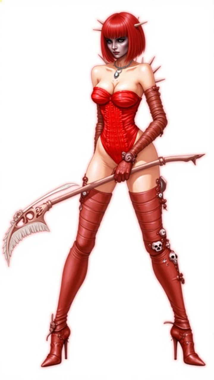 Sexy Hermaphrodite, Plump, pursed lips, Smooth Skin, Blonde with bangs..Crystal blue eyes with smoky eyeshadow and black eyeliner, Black semi-matt lipstick, Dark Skin, A frivolous, proud smile, Red hair.Full body image、Plain white background、Red thigh-high boots with red stiletto heels.Red harness.Full body angle from the side、BDSM、Pin-up girl style riding a missile