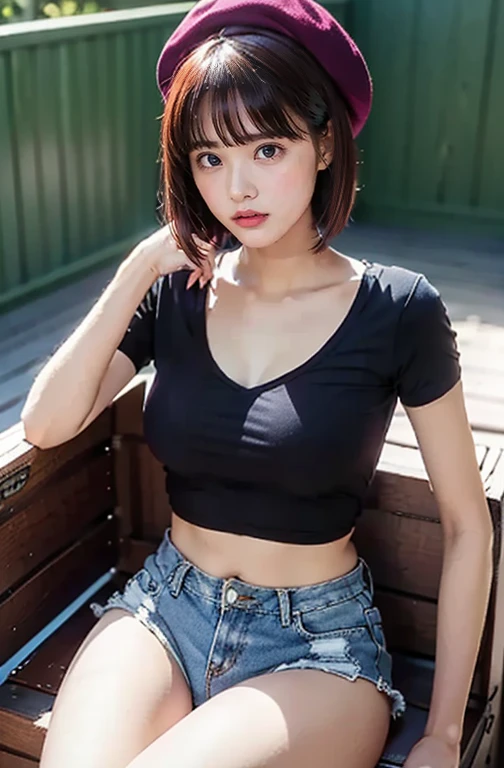     cute high school girl is wearing a tight light dark blue bloomer,    red hair、 shortcuts、Wear a beret、 small breasts、  Beautiful breasts , (((    slim waist   ))), Exposed navel, (((    short t-shirt that shows the lower half of her chest    ))),     amazingly beautiful    , (((The lower half of her butt is exposed    ))),   slender ,   Exposing Skin   , baby face,   Shopping in town    ,     , (from back), ((( Sitting in a wooden box、 from head to thigh)))、  Anatomically Correct, 