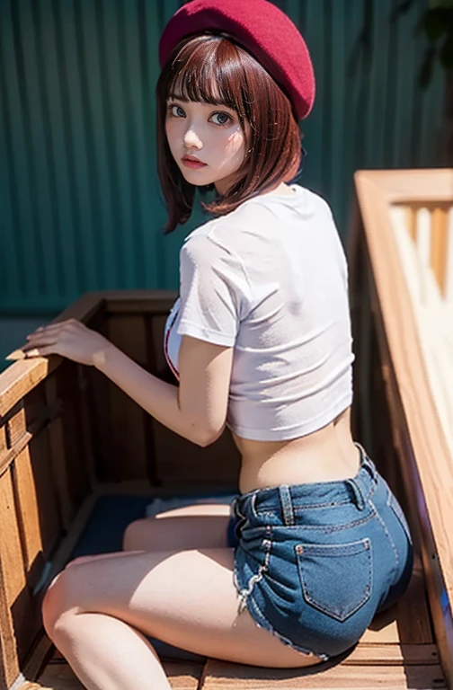     cute high school girl is wearing a tight light dark blue bloomer,    red hair、 shortcuts、Wear a beret、 small breasts、  Beautiful breasts , (((    slim waist   ))), Exposed navel, (((    short t-shirt that shows the lower half of her chest    ))),     amazingly beautiful    , (((The lower half of her butt is exposed    ))),   slender ,   Exposing Skin   , baby face,   Shopping in town    ,     , (from back), ((( Sitting in a wooden box、 from head to thigh)))、  Anatomically Correct, 