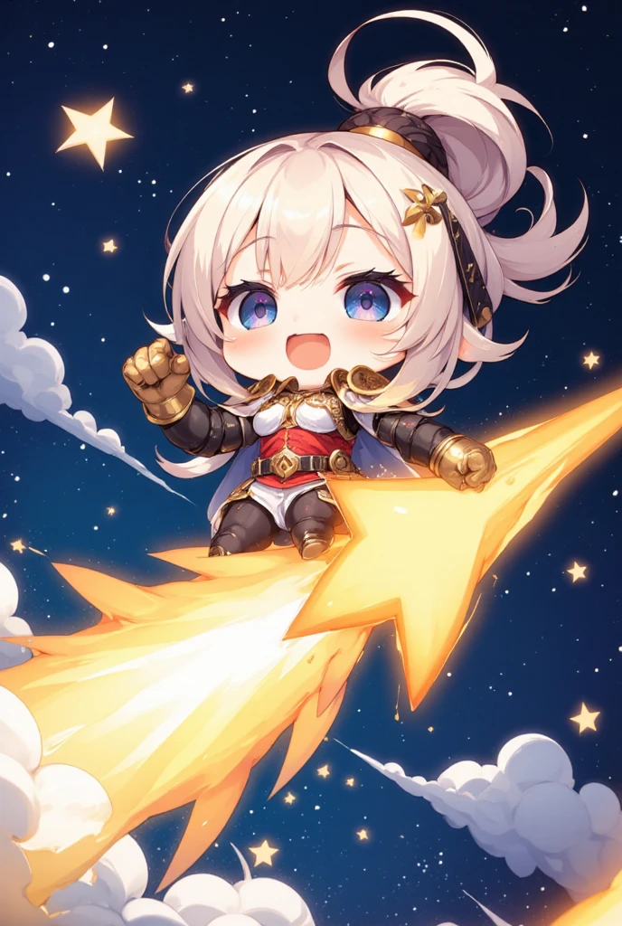 A chibi character of Joan of Arc coming on a shooting star, smiling and pumping her fist, a smiling shooting star, cute fantasy illustration art, ultra detailed, absolutely resolution, masterpiece