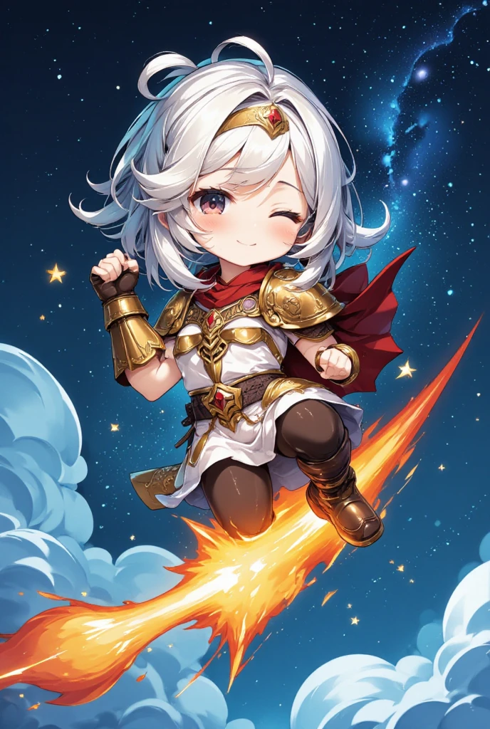 A chibi character of Joan of Arc coming on a shooting star, smiling and pumping her fist, a smiling shooting star, cute fantasy illustration art, ultra detailed, absolutely resolution, masterpiece