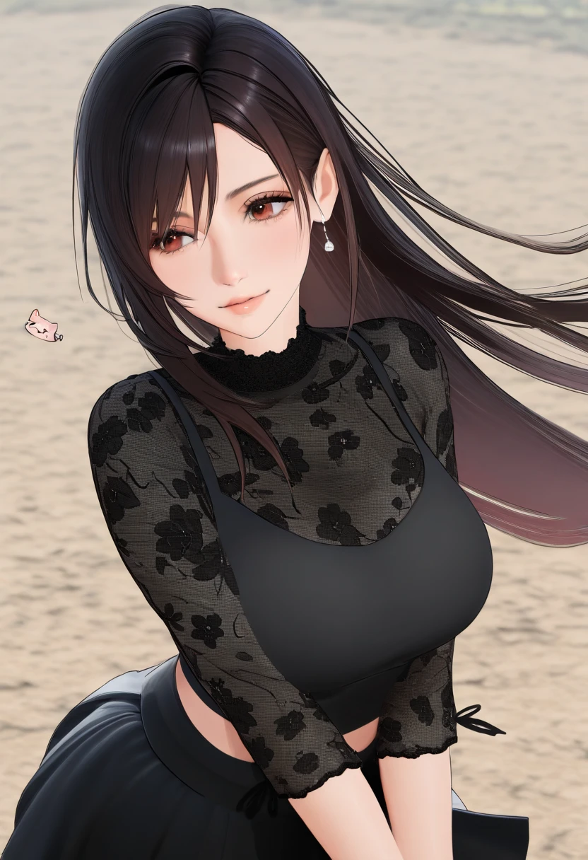 1girl, black hair, long hair, black shirt, black skirt, floral print, (X3D), realistic, masterpiece, best quality, good quality, newest, tifa lockhart